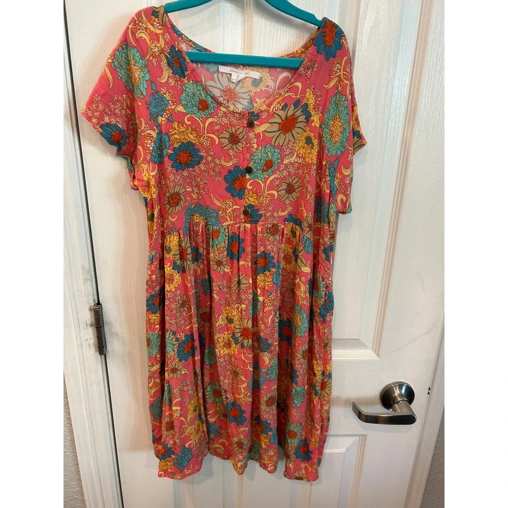 O'Neill Dress Pink Floral Button Front Babydoll Short Sleeve Casual Summer Kids